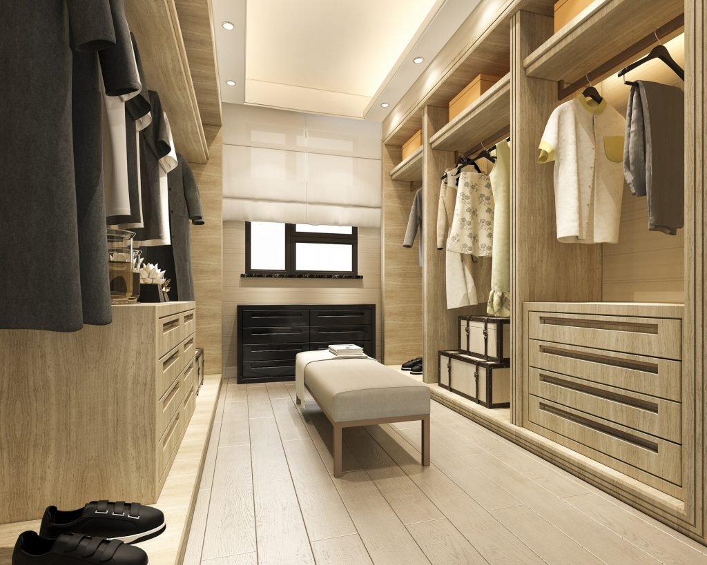 3d rendering minimal scandinavian wood walk in closet with wardrobe