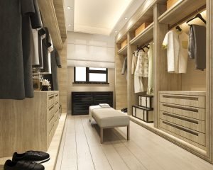 3d rendering minimal scandinavian wood walk in closet with wardrobe