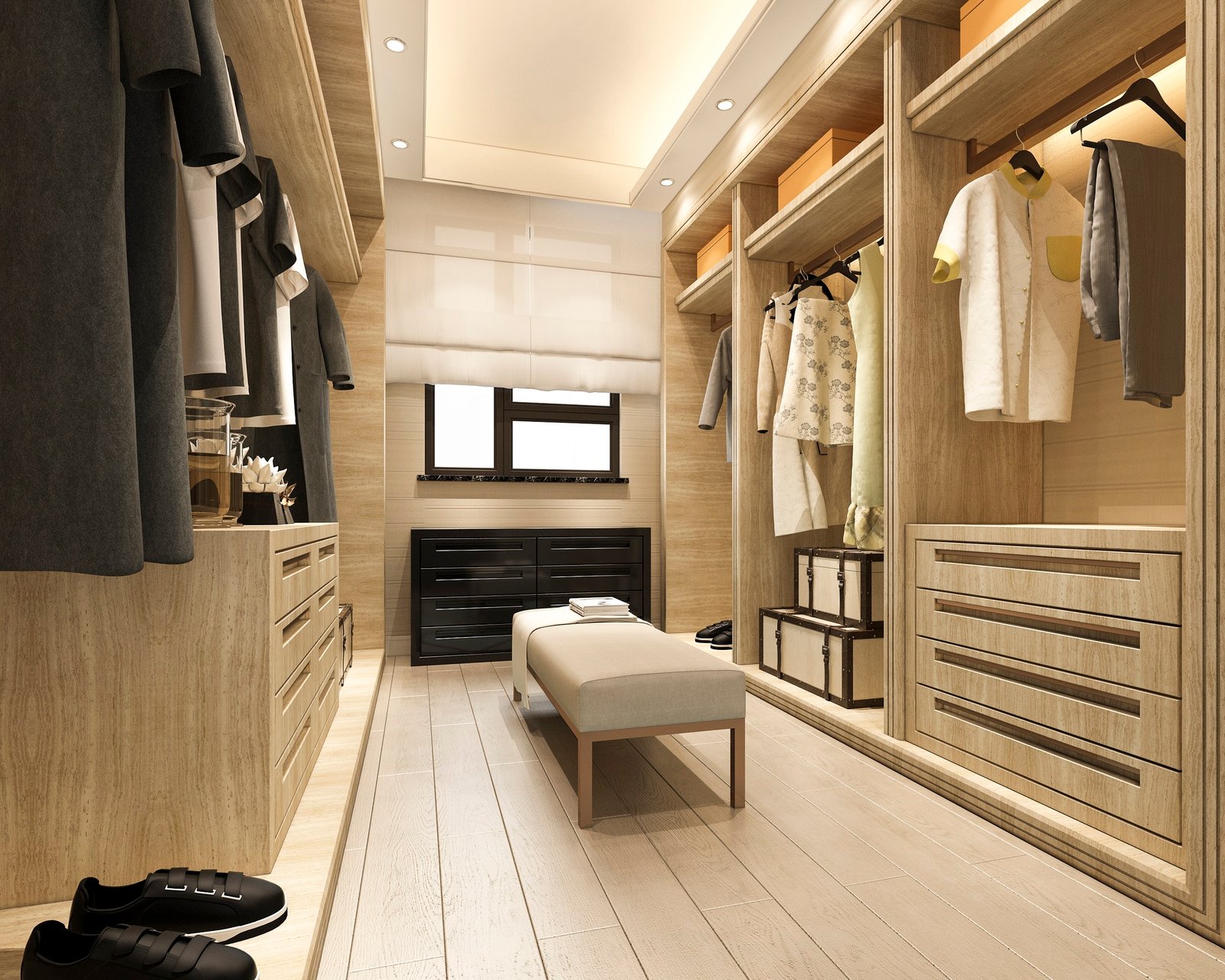 3d rendering minimal scandinavian wood walk in closet with wardrobe