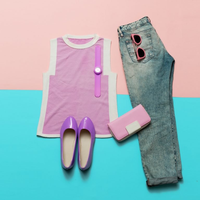 Fashionable Summer Look. Pink clothes and accessories. Jeans. Ca