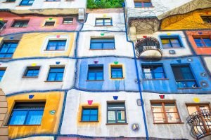 Hundertwasser house with a garden upstairs in Vienna, Austria