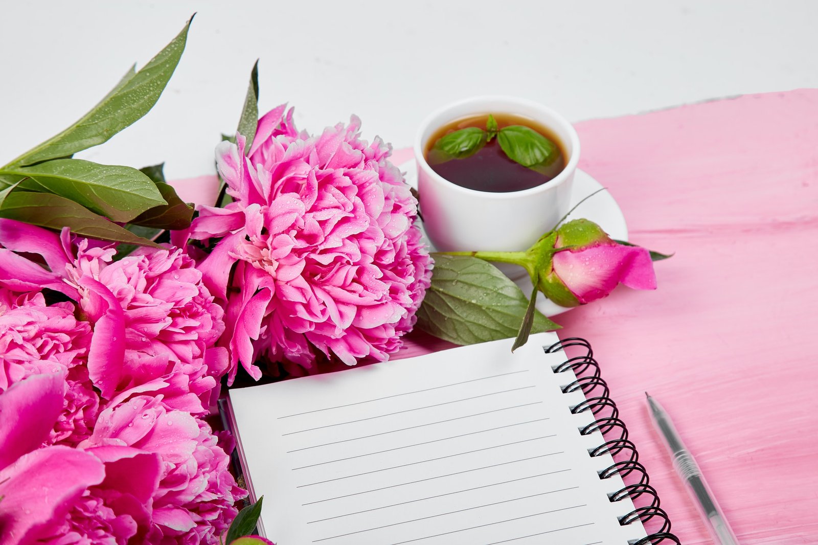Beautiful pink peony flowers with note.
