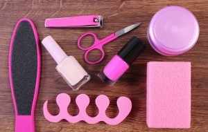 Cosmetics and accessories for manicure or pedicure, concept of foot, hand and nail care