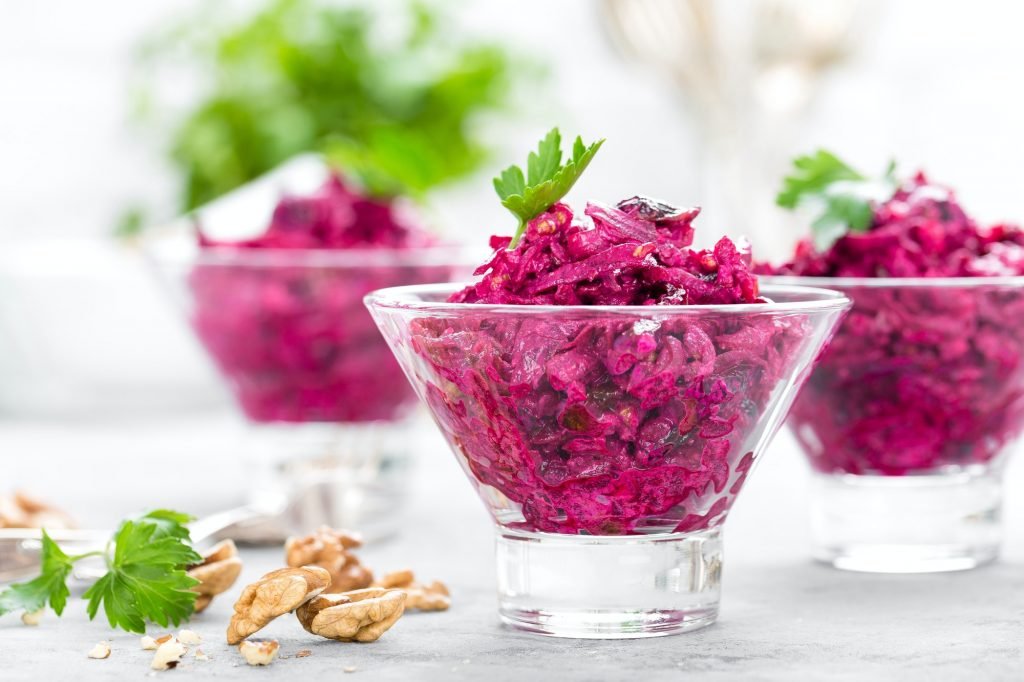 Beet salad. Salad of boiled beet. Beetroot salad