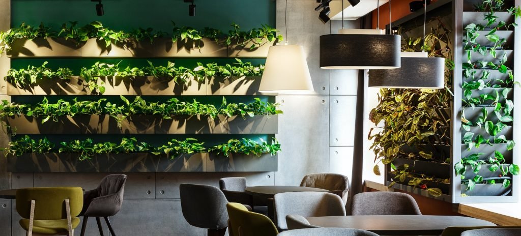 Floral interior in modern cafe with plants in decoration pots