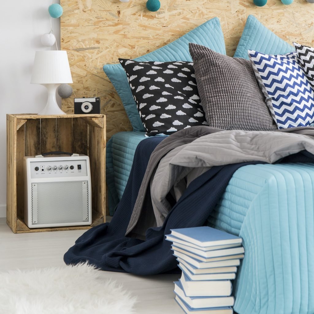 Modern bedroom with hipster DIY nightstand