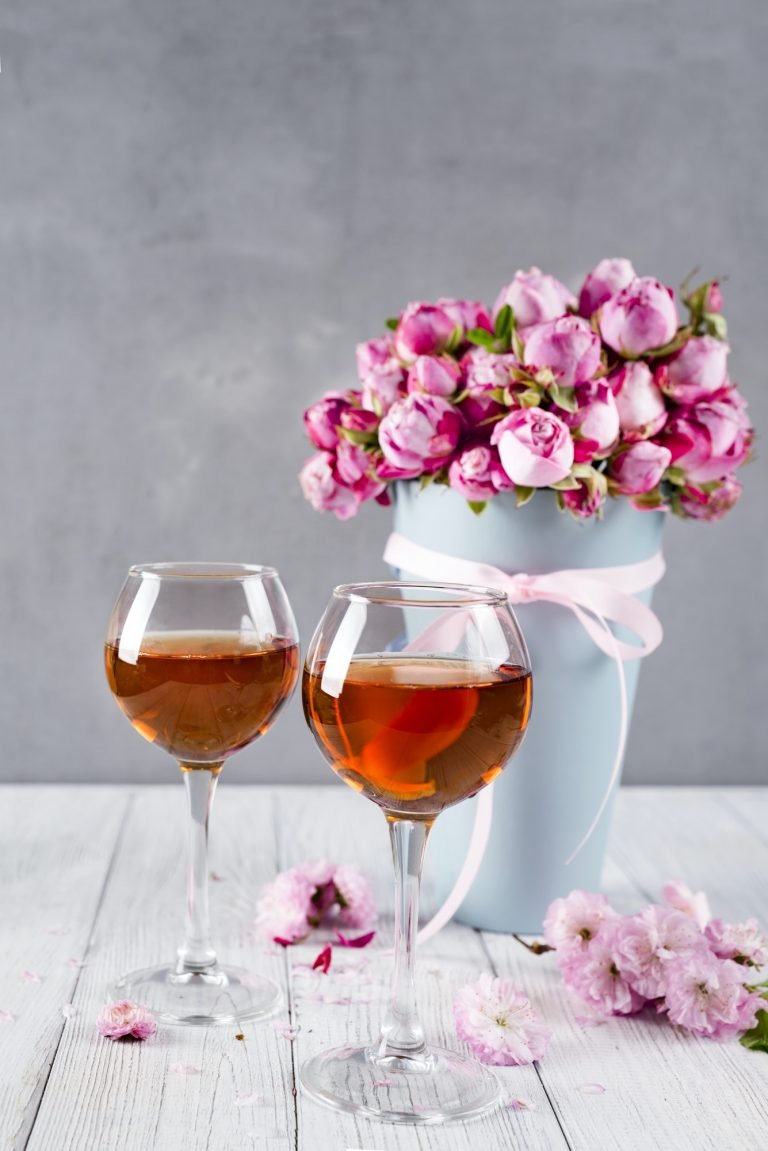 bouquet and wine glasses