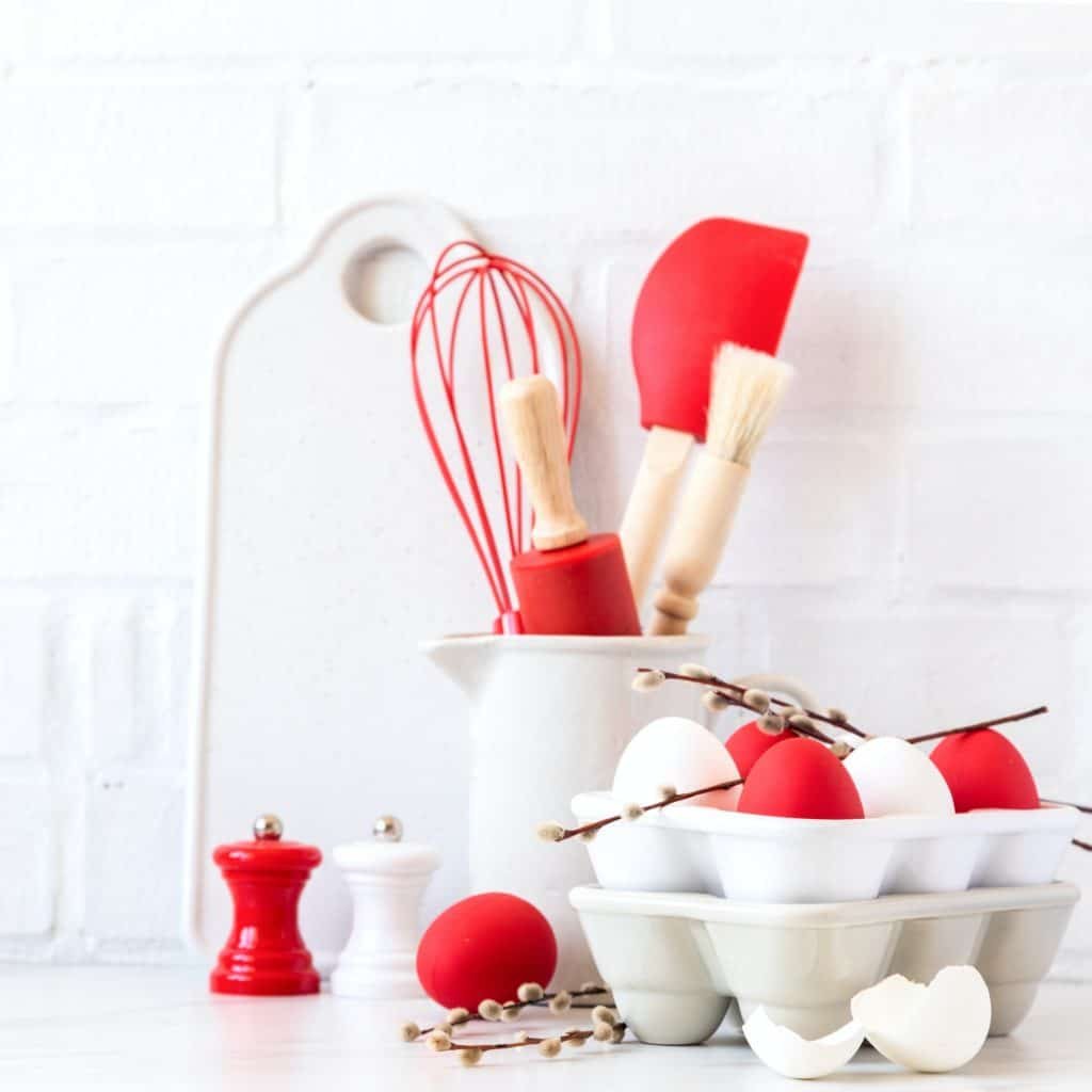 Easter Background for baking with ingredients for cooking. Traditional Easter decoration