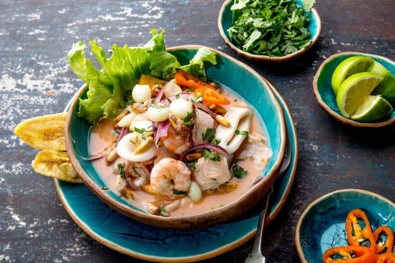 PERUVIAN CEVICHE SEBICHE. Peruvian seafood and fish ceviche with maize.