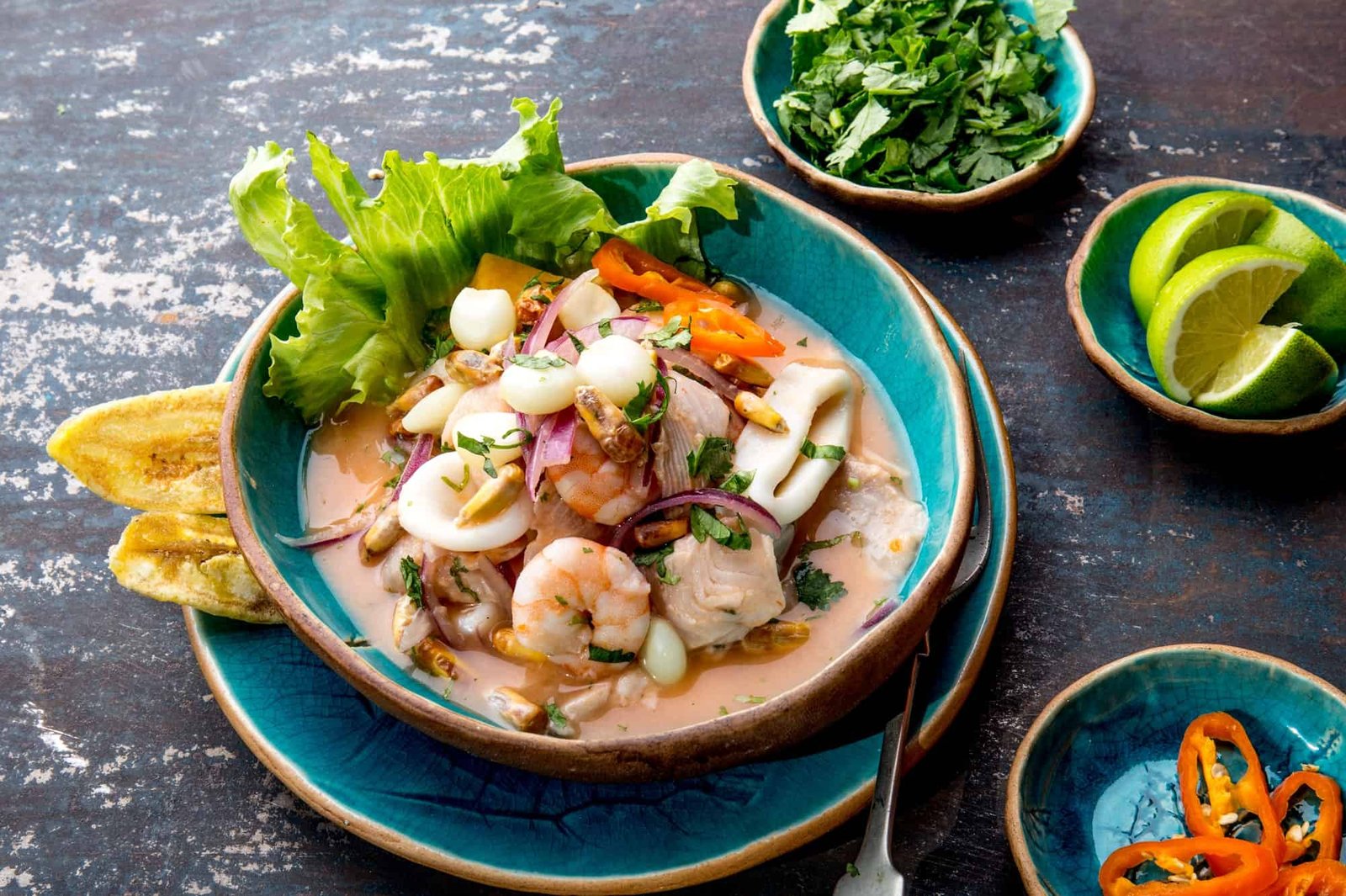 PERUVIAN CEVICHE SEBICHE. Peruvian seafood and fish ceviche with maize.