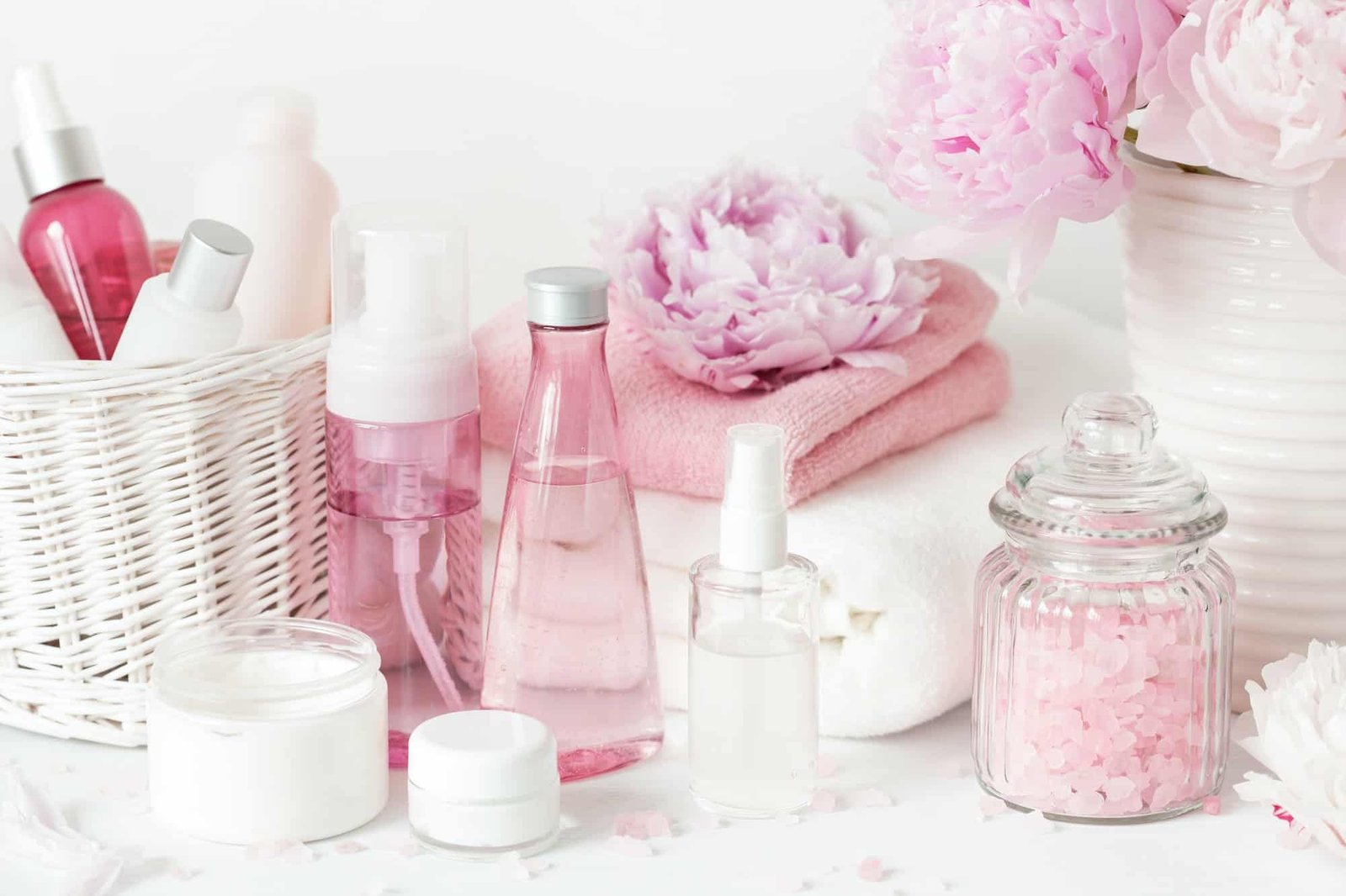 bath and spa with peony flowers beauty products towels