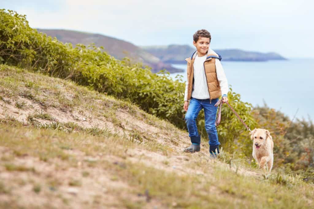 Boy Exercising Dog On Leash Walking Up Hill By Sea