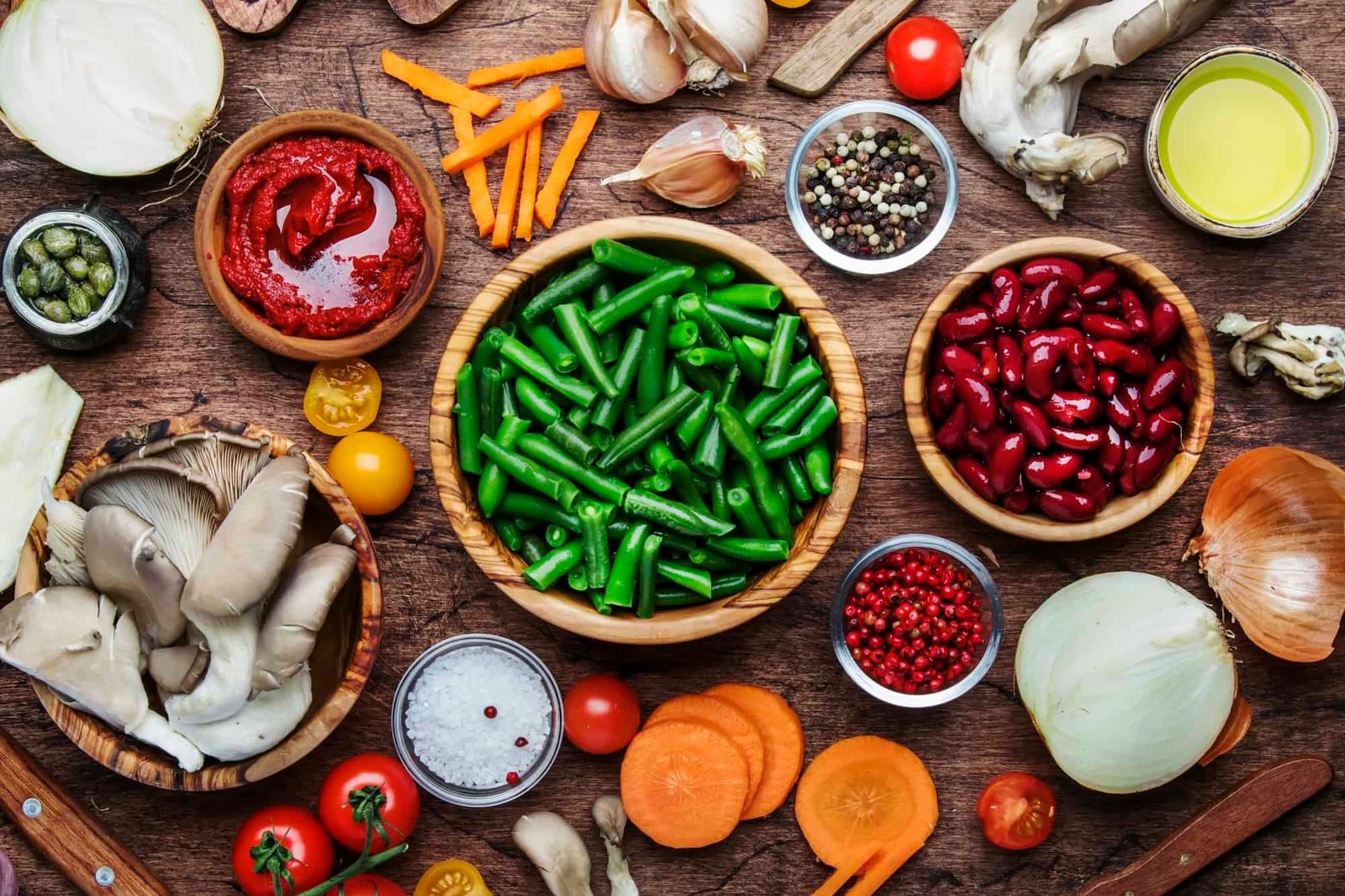 reen bean, vegetables, roots, spices, mushrooms