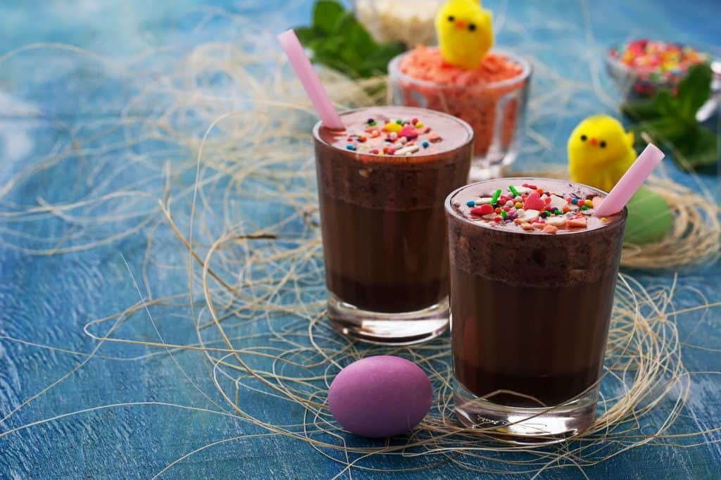 Chocolate Easter drink on blue background