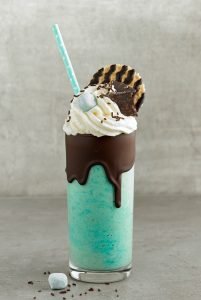 milkshake of banana with blue spiruline and matcha