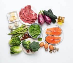 Atkins Diet food ingredients isolated on white, health concept, top view, flat lay
