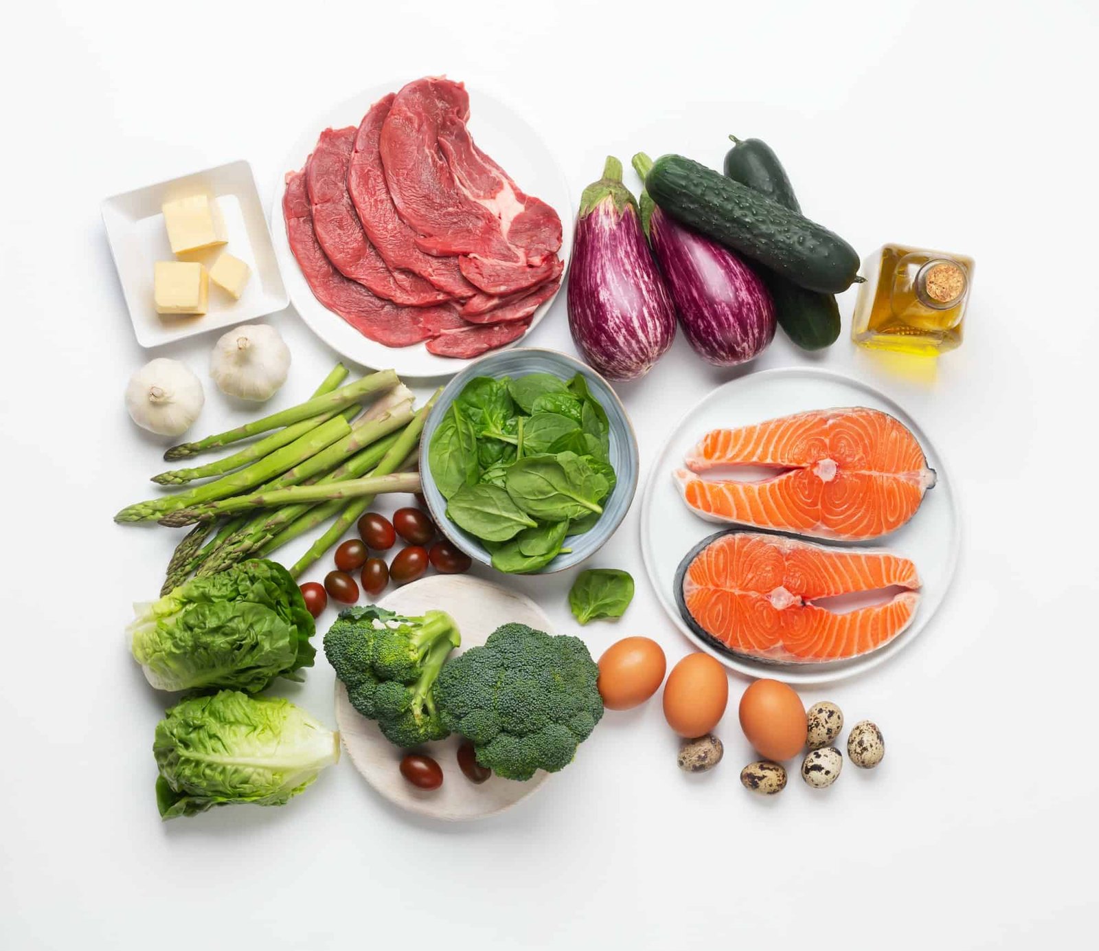 Atkins Diet food ingredients isolated on white, health concept, top view, flat lay