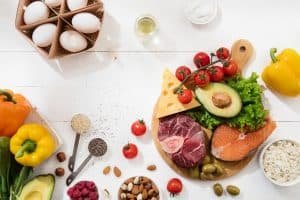 Ketogenic low carbs diet - food selection on white background