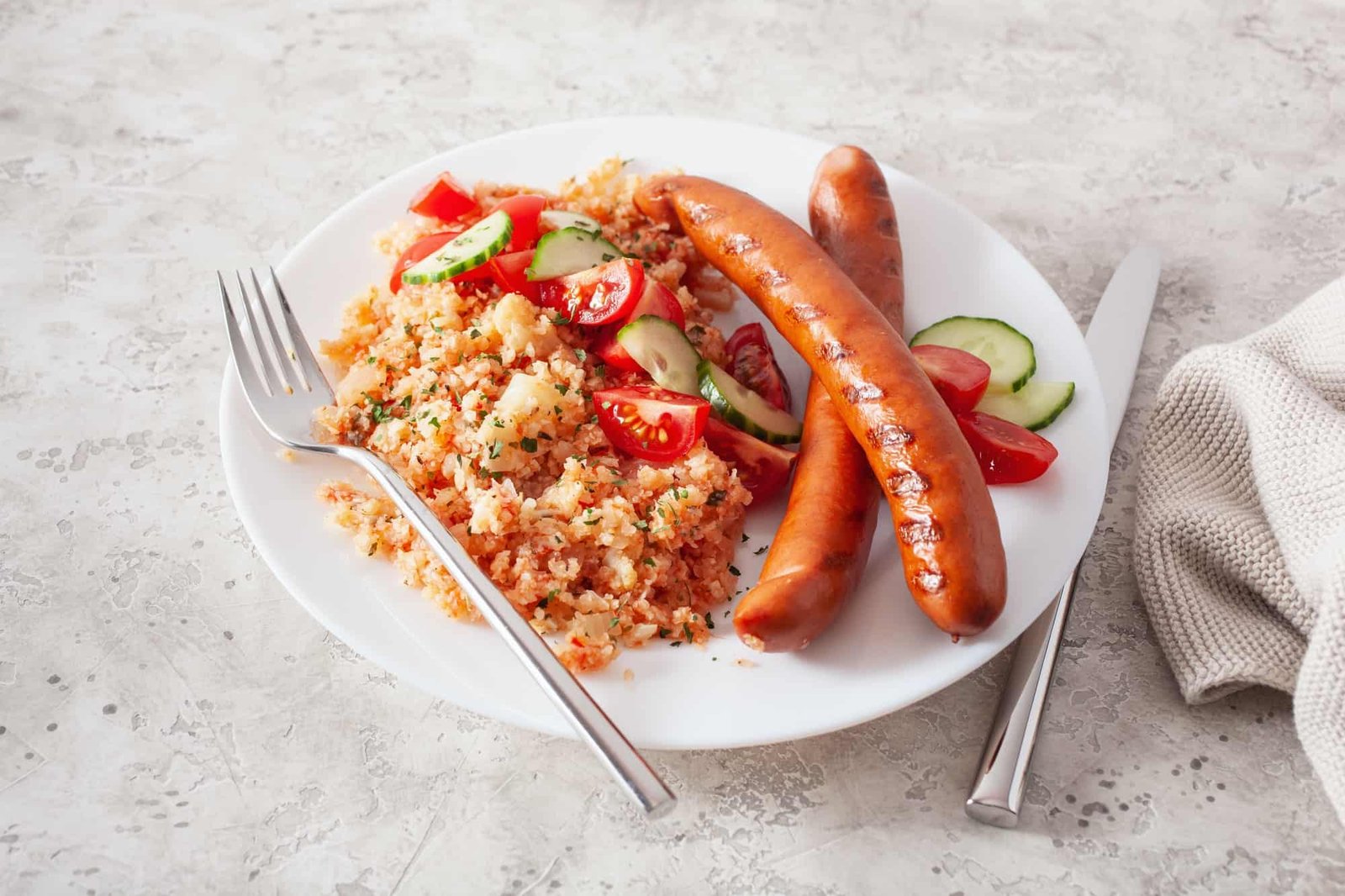 ketogenic paleo diet lunch. cauliflower rice and grilled sausages