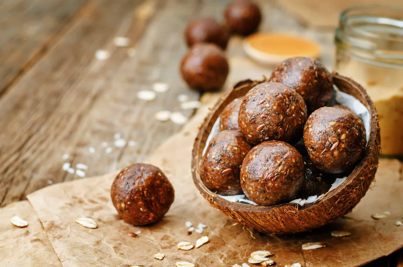 Raw vegan peanut butter oat coconut cacao balls