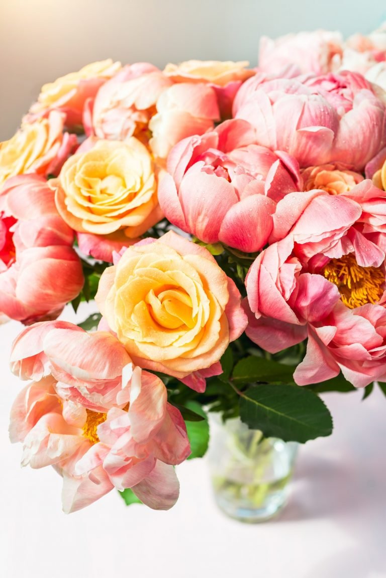 Fresh bunch of pink peonies and roses