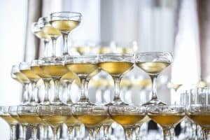Champagne glasses standing in a tower