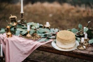wedding decor with a golden cake